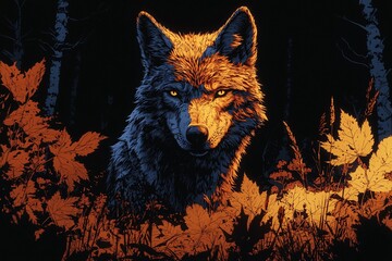 Fototapeta premium Wolf in the Forest Dark Night Autumn Leaves Animal Portrait Predator Wildlife
