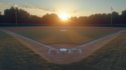 Empty baseball diamond at dusk with freshly raked infield and warm sunset glow