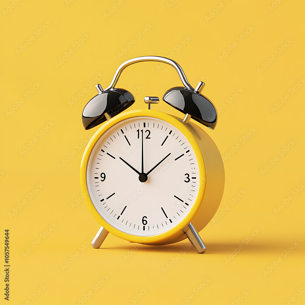Poster alarm clock on yellow background 3d rendering