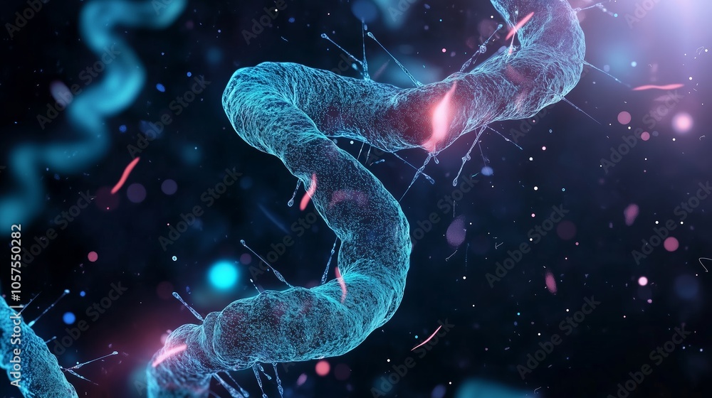 Poster detailed view of a microscopic dna double helix structure illuminated by bright particles in a dark 