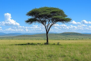 Obraz premium Lone Acacia Tree in African Savanna Landscape with Blue Sky and Clouds