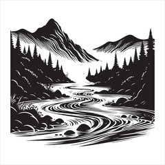 Flowing river silhouette on a white background 