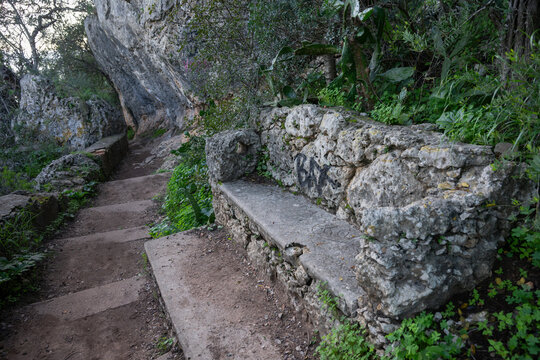 Steps and path at the Cave of Lapa de Santa Margarida along the coast of Portugal; Sao Lourenco, Setubal, Portugal