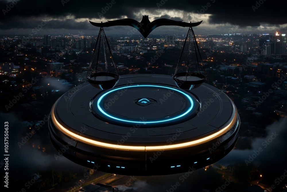 Poster digital scales of justice in a futuristic cityscape, symbolizing justice and balance in a high-tech 