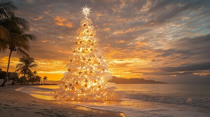 Large white Christmas tree with gold decorations standing on sandy beach, palm trees surreal sunset background, creating a perfect contrast between winter and summer christmas festive season wallpape 