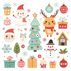Christmas Ornaments with Santa Claus, Reindeer, and Snowman element collection 