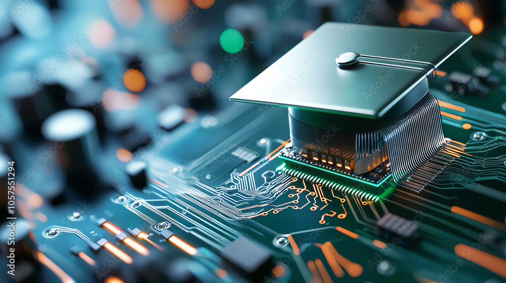 Poster the intersection of education and technology a graduation cap embedded with ai microchips symbolizin