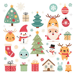Christmas Ornaments with Santa Claus, Reindeer, and Snowman element collection 