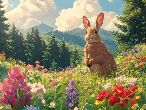 Playful Wolpertinger in Sunlit Forest Meadow