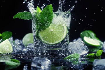 Fresh mojito drink with ice cubes on black background.