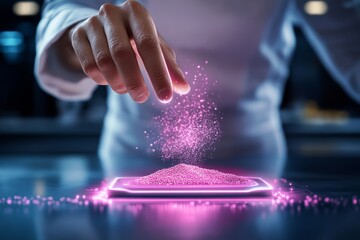 Futuristic chefâ€™s hand sprinkling holographic spices over a dish, with neon colors and digital particles capturing modern culinary innovation, symbolizing tech and creativity