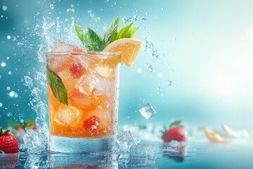 Tropical cocktail with ice cubes and splash  studio shot.