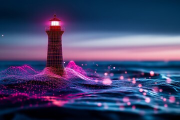A glowing lighthouse stands tall on a wavy sea with pink and purple light.