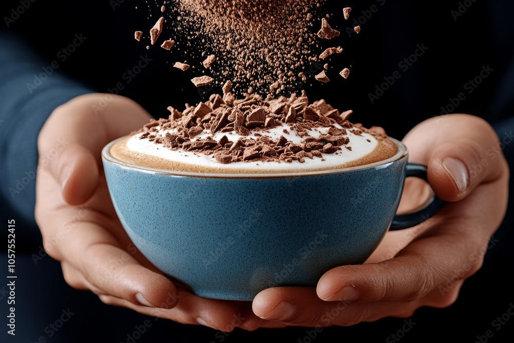 Poster hand sprinkling cocoa powder over a frothy cappuccino, with soft light and warm tones capturing the 