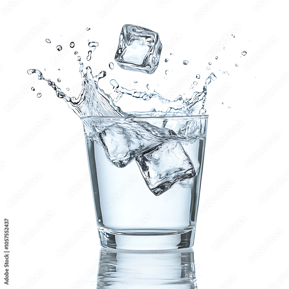 Aufkleber One glass of water with splash from falling ice cube white background isolated object