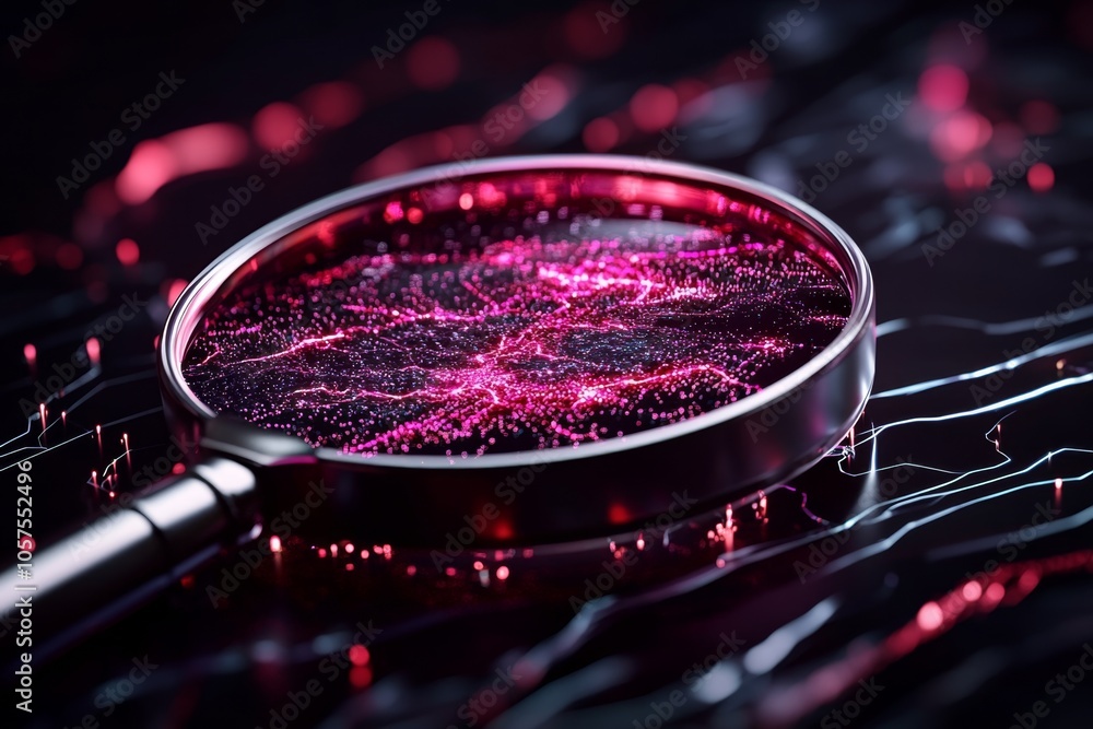 Poster holographic magnifying glass hovering over a digital map with data points, capturing the futuristic 