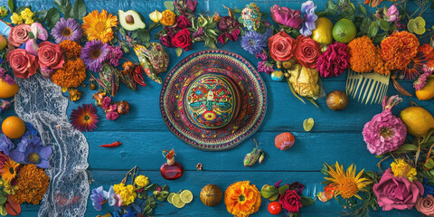 Naklejka premium Colorful floral arrangement with vibrant Mexican themed decorations