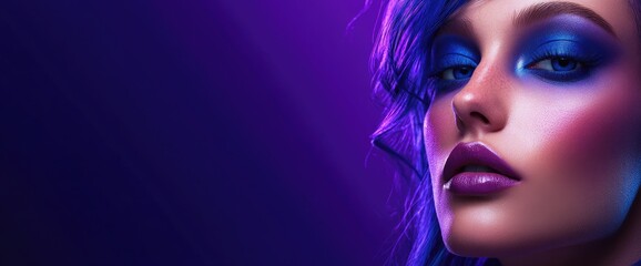 A banner for the website of an eye makeup artist, featuring a dark purple background with a close-up photo on one side and a woman's face wearing blue eyeshadow in profile on the other side