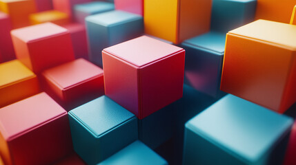 Obraz premium Colorful 3D Cubes: Stacked or floating colorful cubes casting shadows, creating a visually dynamic and lively abstract pattern