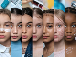 Array of diverse teenage girls with various skincare treatments on their faces, demonstrating product application