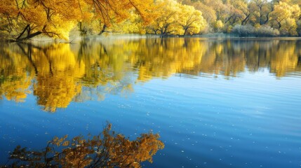 Fototapeta premium Scenic lake with golden autumn trees reflection