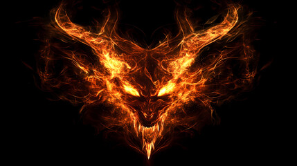 Fototapeta premium Hot flaming fiery fire flames on pure black background wallpaper. Fire Demon. Illustration
