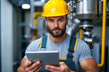 Industrial engineer monitoring a machine learning system on a digital tablet while inspecting factory machinery, highlighting efficiency and precision in real-time data analysis, symbolizing