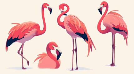 Obraz premium Four Pink Flamingos in Various Poses Against a White Background