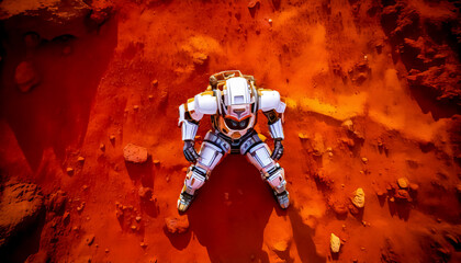Obraz premium Astronaut in armored and robotic spacesuit standing on planet surface, Starship troopers, space exploration and galaxy study mission, space science. Robot astronaut