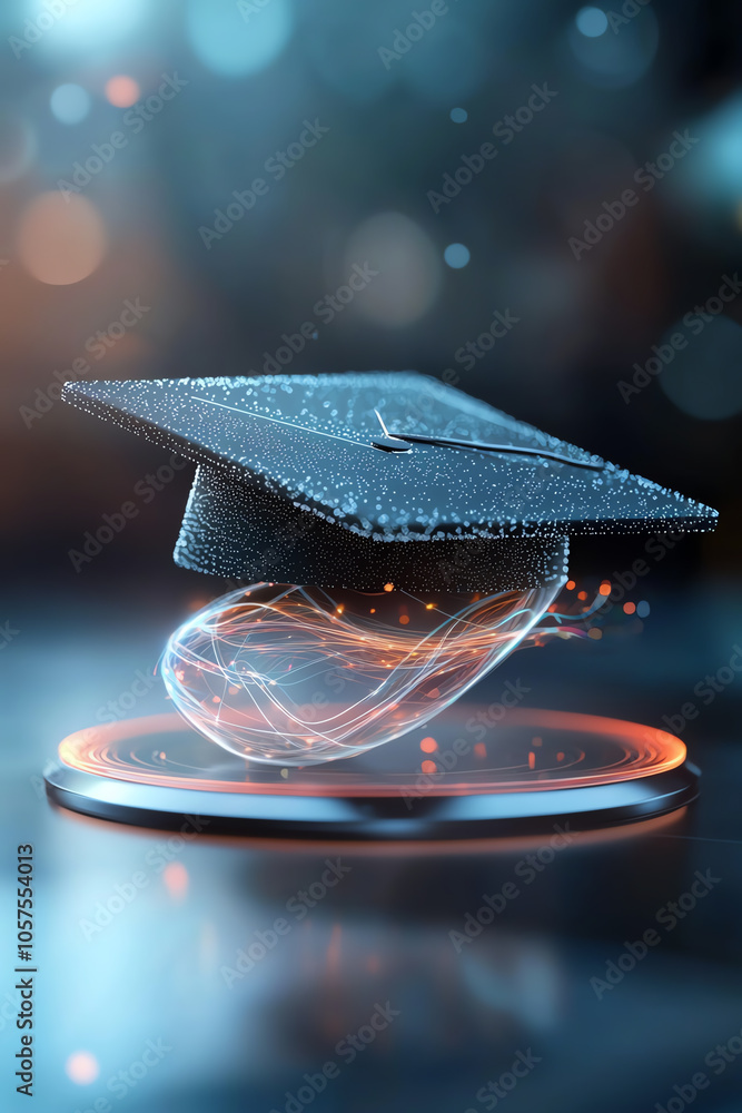 Poster a holographic graduation cap embracing flowing data patterns symbolizing future learning and innovat