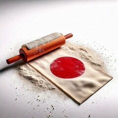 A rolling pin and Japan flag covered with dough dust