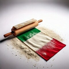 A rolling pin and Italian flag covered with dough dust