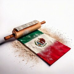 A rolling pin and Mexican flag covered with dough dust