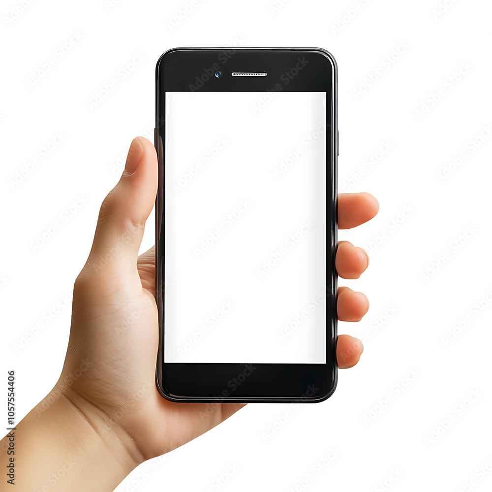 Poster hand holding mobile phone finger clicking on blank screen mock up tapping ok on display isolated on 