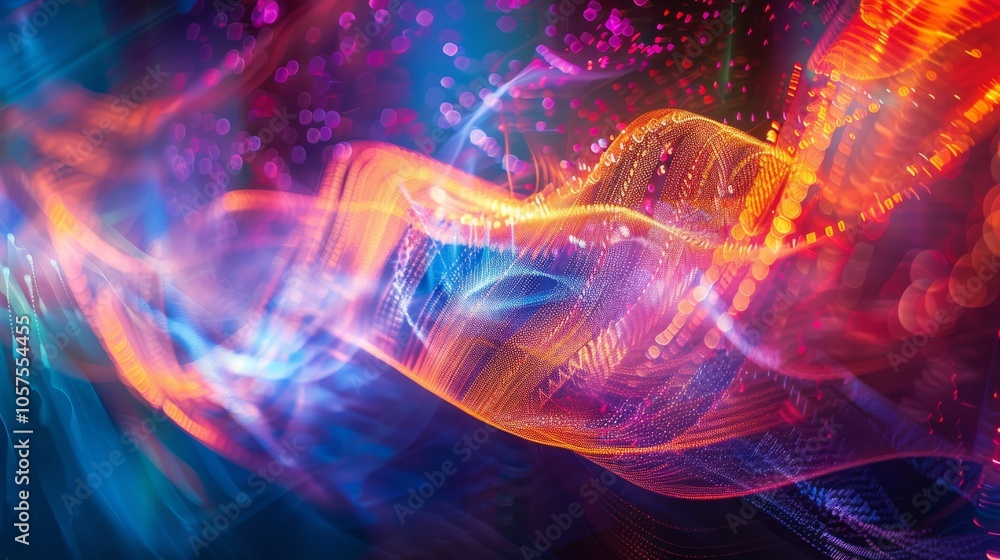 Poster a burst of colorful light patterns form an intricate, abstract design with flowing hues and radiant 