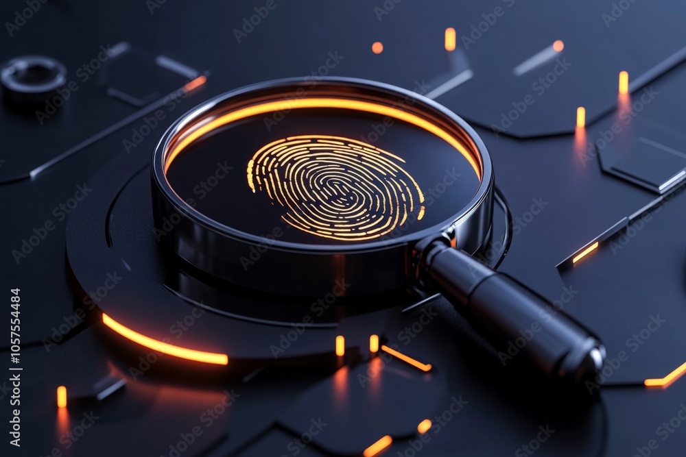 Poster Minimalist depiction of a fingerprint and magnifying glass, symbolizing forensic analysis in a clean, straightforward design, symbolizing investigation and insight