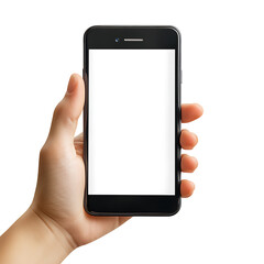 Hand holding mobile phone finger clicking on blank screen mock up tapping ok on display isolated on white background