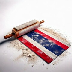 A rolling pin and Thailand flag covered with dough dust