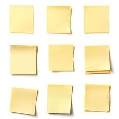 Collection of yellow note papers on white background