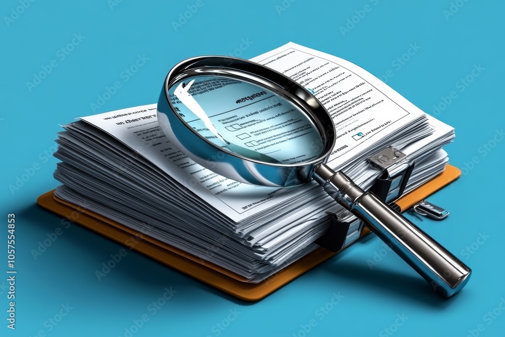 Poster Minimalist icon of a magnifying glass over an open case file, symbolizing investigation and discovery in a simplified style, symbolizing curiosity and dedication
