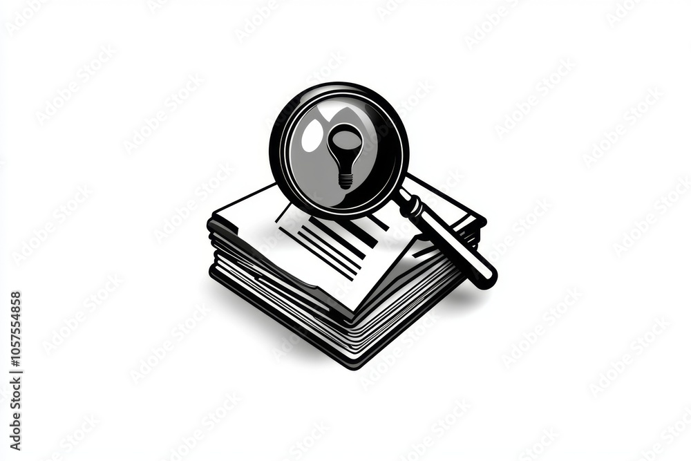 Poster Minimalist icon of a magnifying glass over an open case file, symbolizing investigation and discovery in a simplified style, symbolizing curiosity and dedication