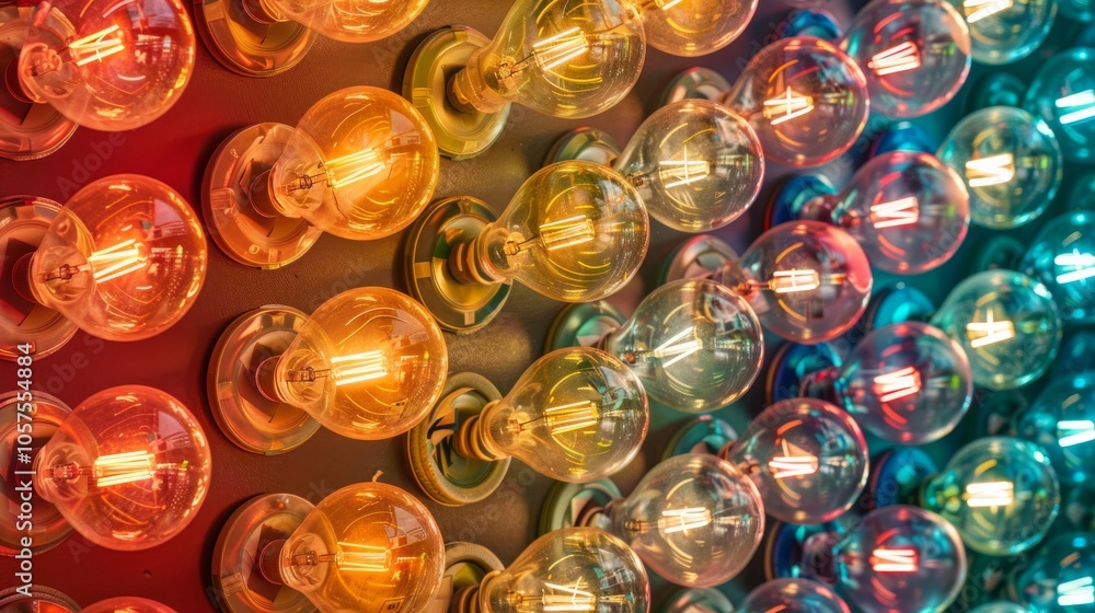 Poster a colorful pattern of shining light bulbs, arranged in a repetitive and energetic design. close-up p