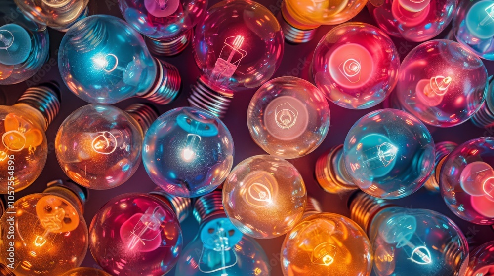 Poster a colorful pattern of shining light bulbs, arranged in a repetitive and energetic design. close-up p