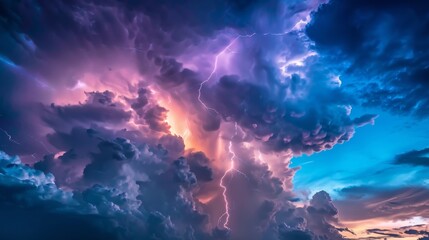 A dramatic lightning strike illuminates a stormy night sky, with the electric bolt splitting the clouds in a vivid display of nature