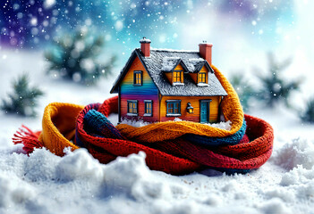 A house wrapped in a warm scarf, the concept of energy saving, thermal modernization and protection of the building against heat loss