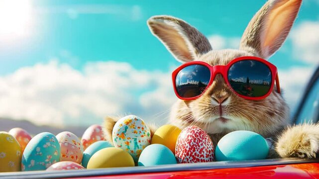 Cute Easter Bunny with sunglasses looking out of a car filed with easter eggs, footage, 4k footage, videos, video clip, slow motion, video wallpaper, animation, 4k