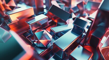 A high-tech abstract wallpaper featuring an arrangement of diverse 3D shapes, including octahedrons and cylinders