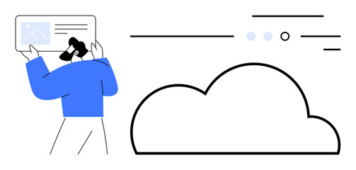 Person holding a screen with abstract cloud beside it, symbolizing online storage. Ideal for technology, cloud computing, data transfer, digital work, online communication, internet services, modern