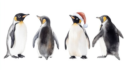 Obraz premium A Collection of Cute Penguins Wearing Santa Hat in Watercolor
