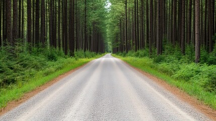 Obraz premium Gravel path winding through a serene pine forest, surrounded by tall trees and soft earth tones, evoking a sense of tranquility and rustic beauty in nature.